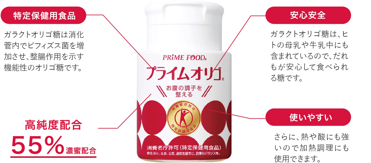 [特定保健用食品]ガラクトオリゴ糖は消化管内でビフィズス菌を増加させ、整腸作用を示す機能性のオリゴ糖です。[安心安全]ガラクトオリゴ糖は、ヒトの母乳や牛乳中にも含まれているので、だれもが安心して食べられる糖です。[使いやすい]さらに、熱や酸にも強いので加熱調理にも使用できます。高純度配合55%濃蜜配合